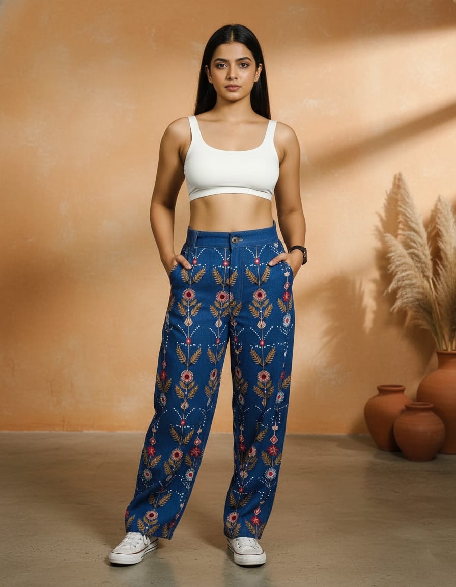 Women floral high-waist jeans