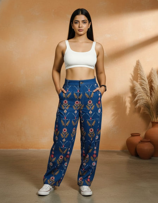 Women floral high-waist jeans