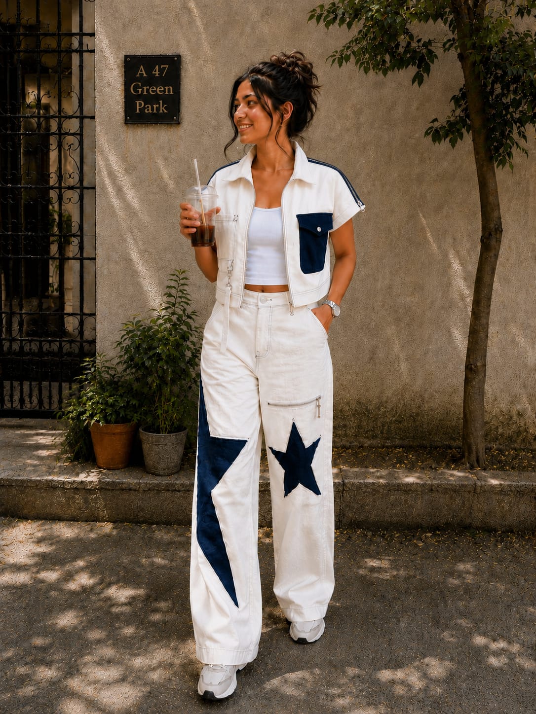White & navy star women coord set