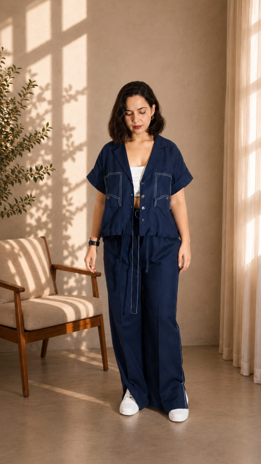 Women Navy Linen Co-ord Set