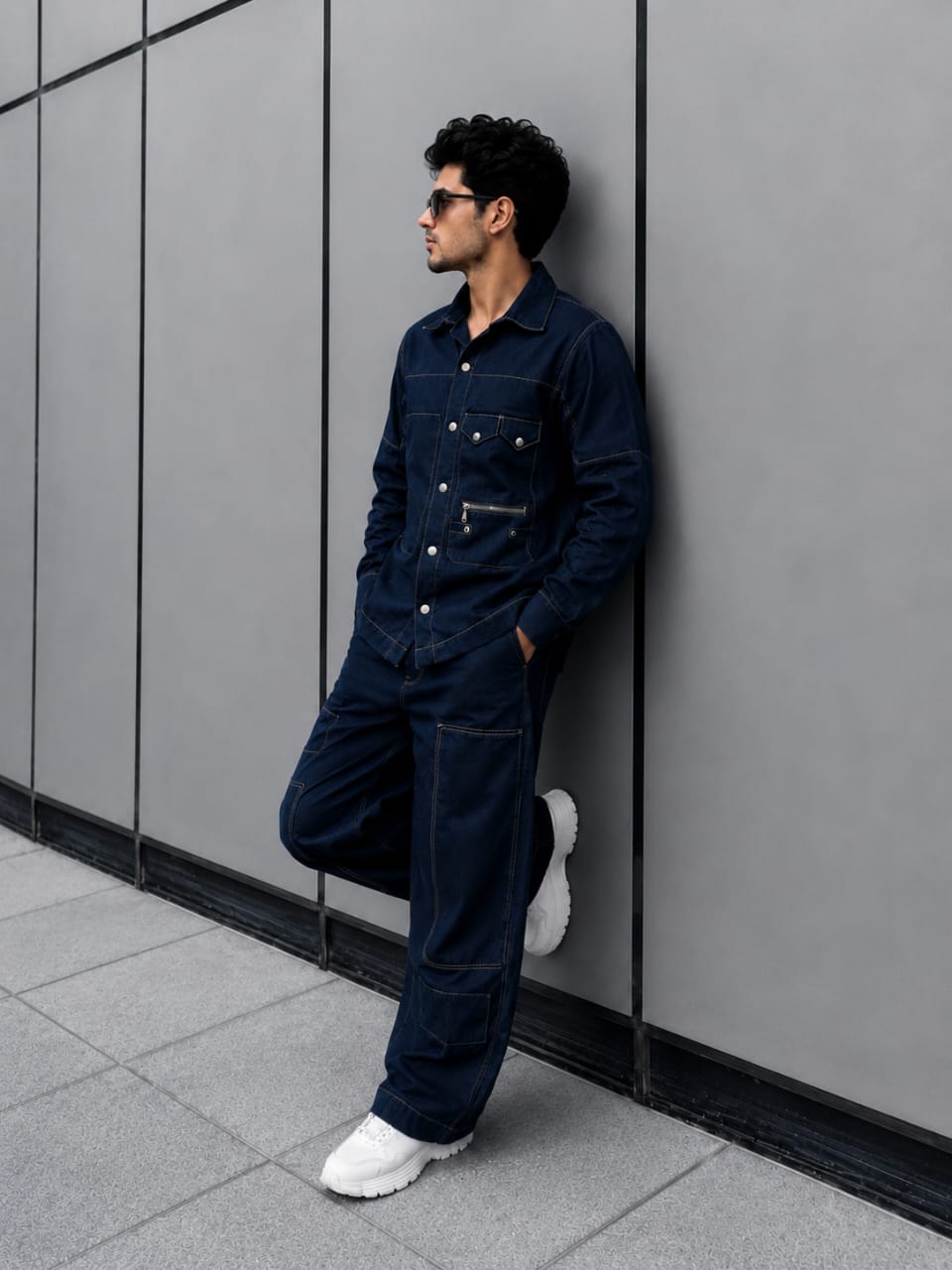 MEN'S LINEN NAVY BLUE CONTRAST STITCH UTILITY COORD SET