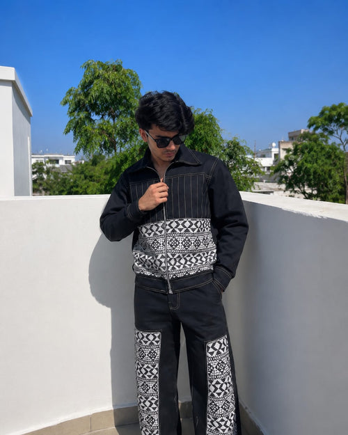 MEN'S BLACK DENIM CO-ORD SET WITH GEOMETRIC PANEL DETAILING