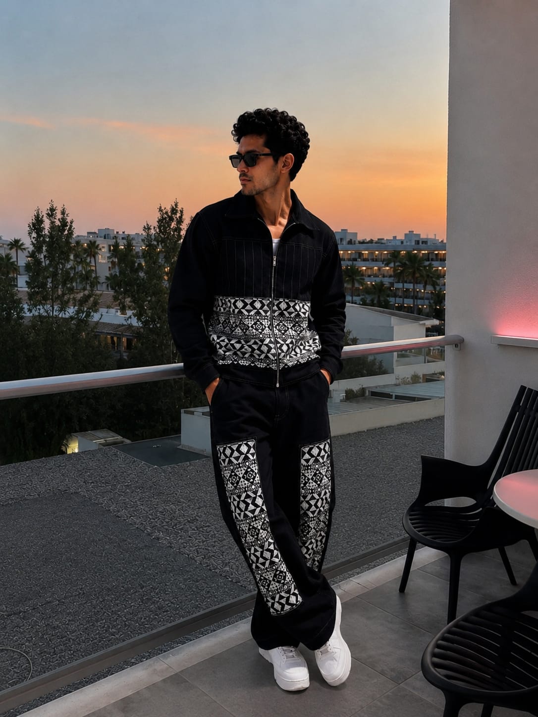 MEN'S BLACK DENIM CO-ORD SET WITH GEOMETRIC PANEL DETAILING