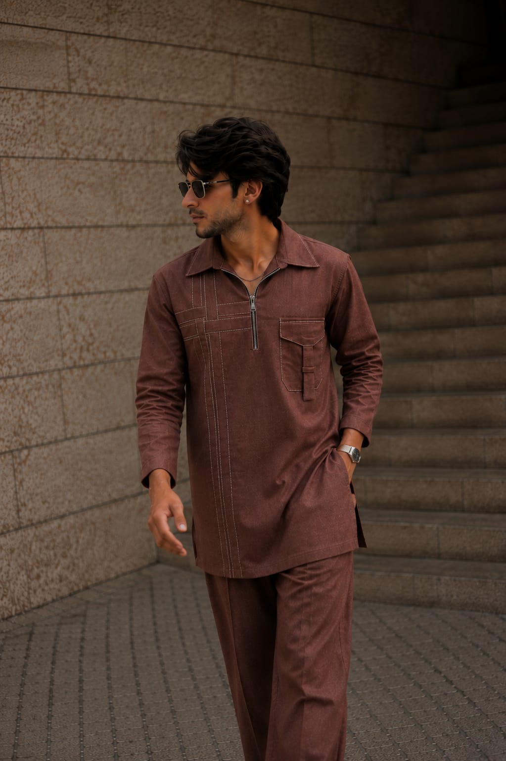 MEN'S BROWN LINEN KURTA SET