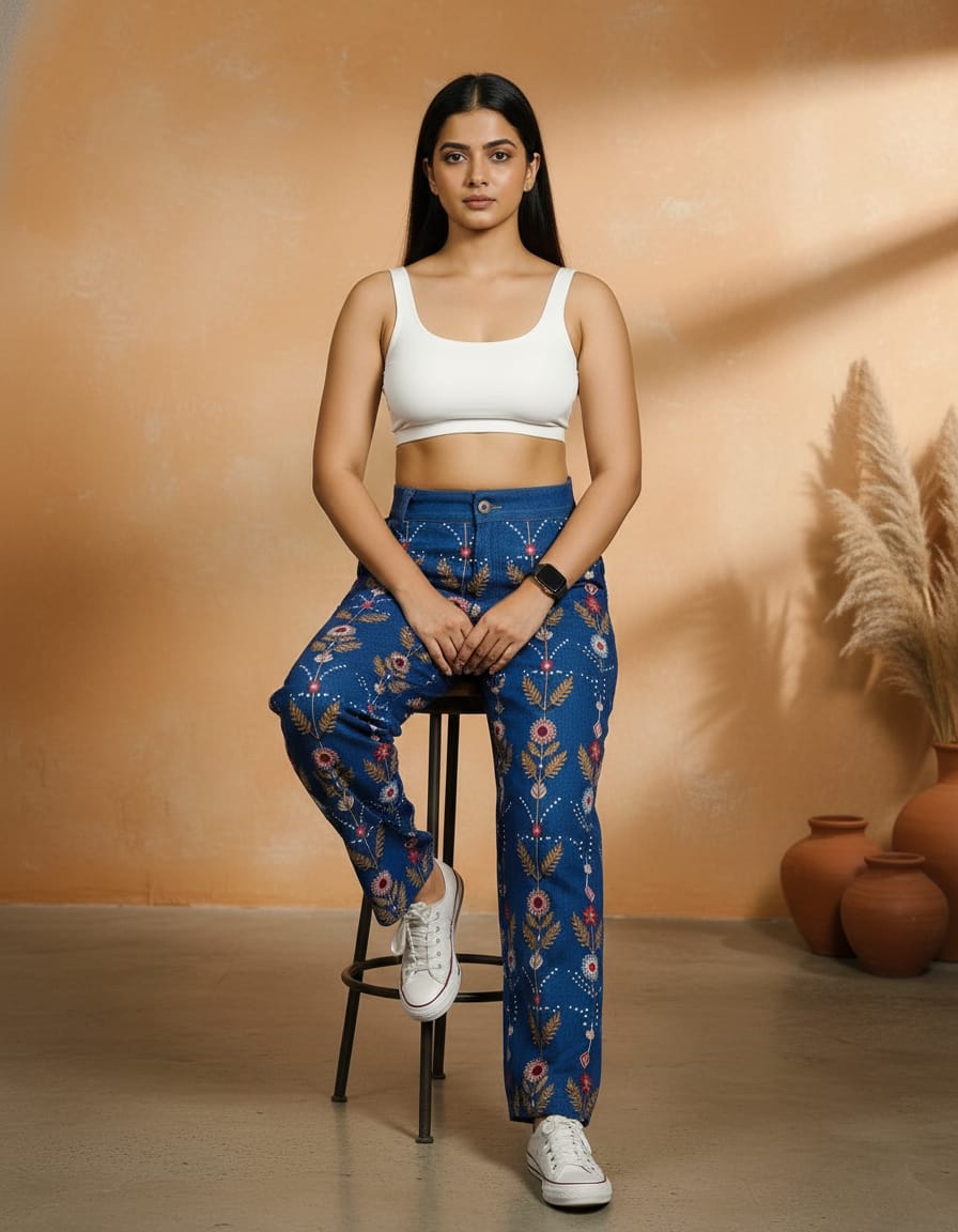 Women floral high-waist jeans