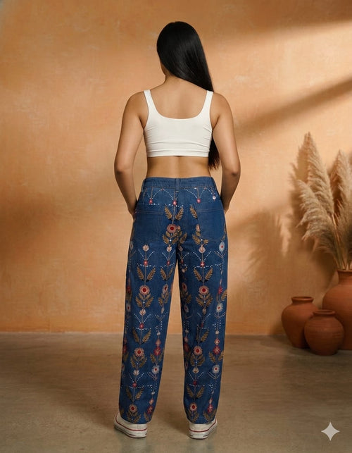 Women floral high-waist jeans