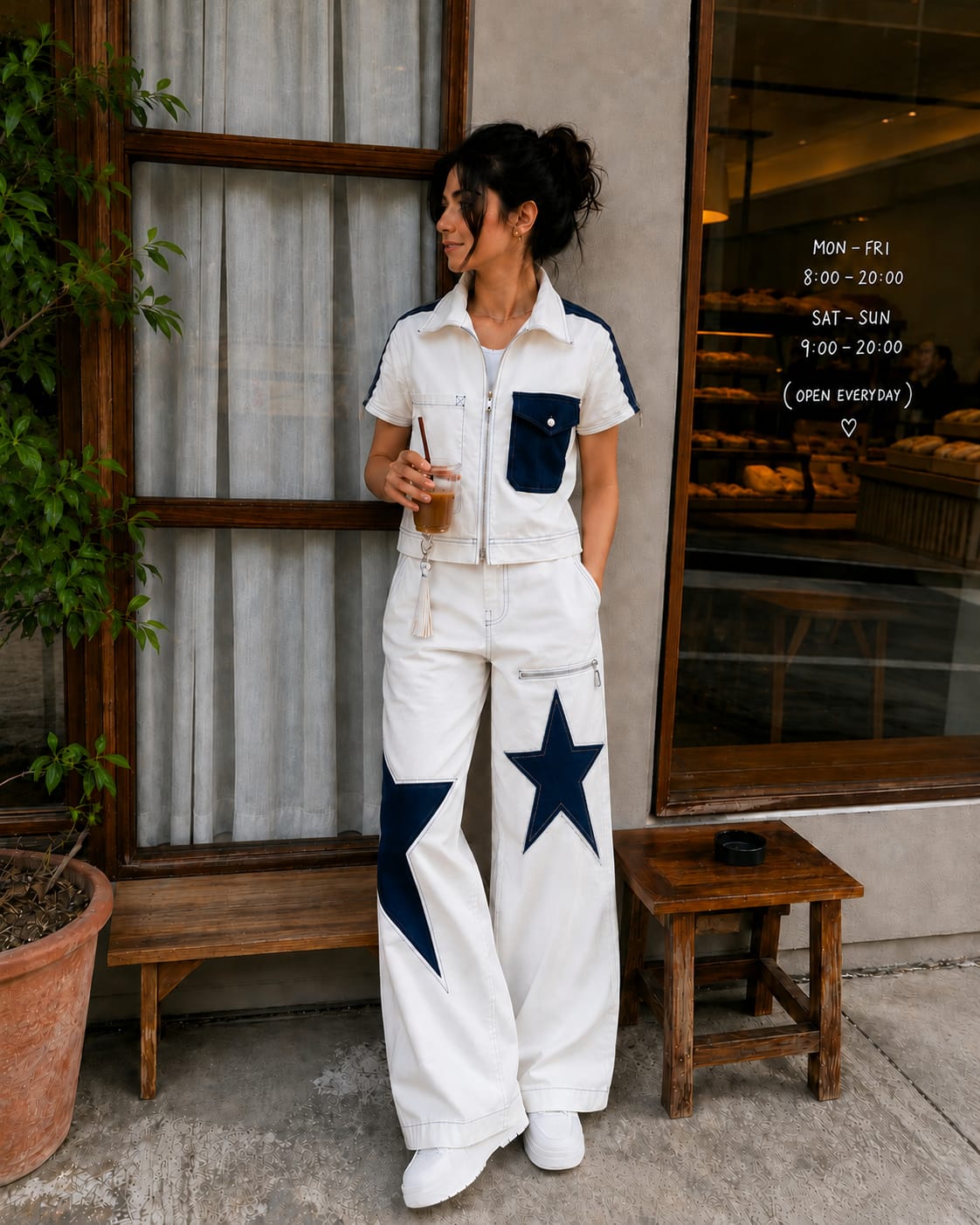 White & navy star women coord set