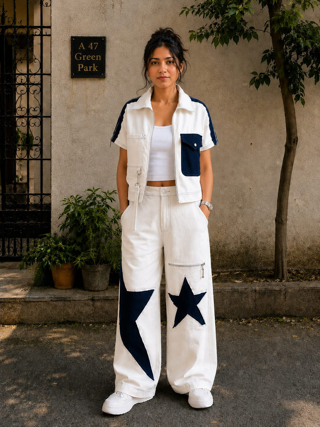White & navy star women coord set