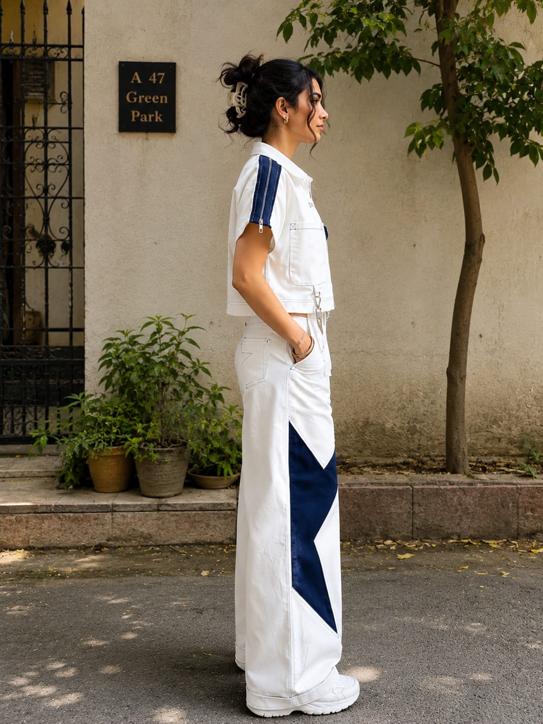 White & navy star women coord set