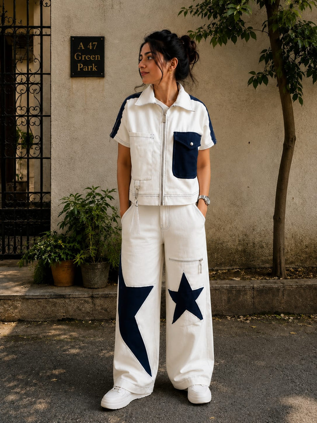 White & navy star women coord set