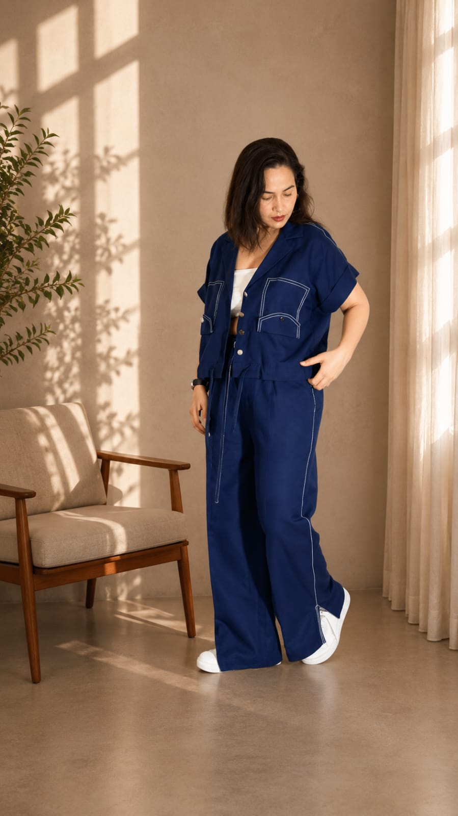 Women Navy Linen Co-ord Set