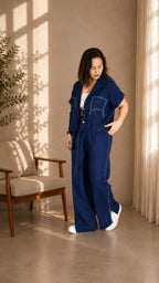Women Navy Linen Co-ord Set