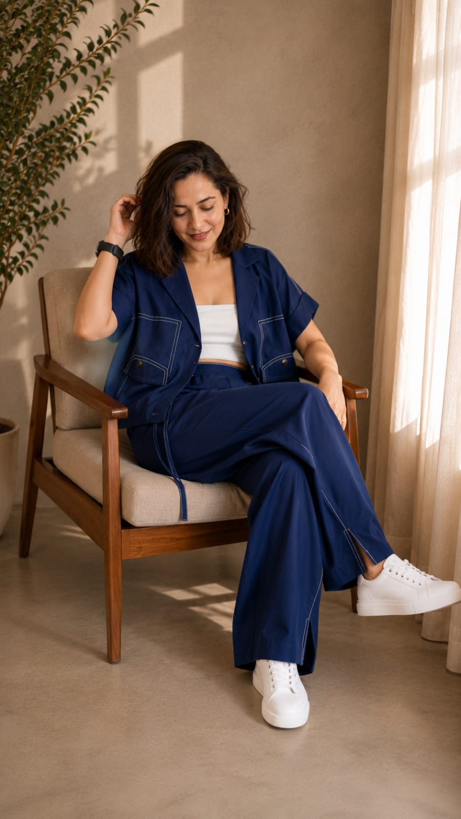 Women Navy Linen Co-ord Set