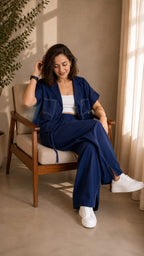 Women Navy Linen Co-ord Set
