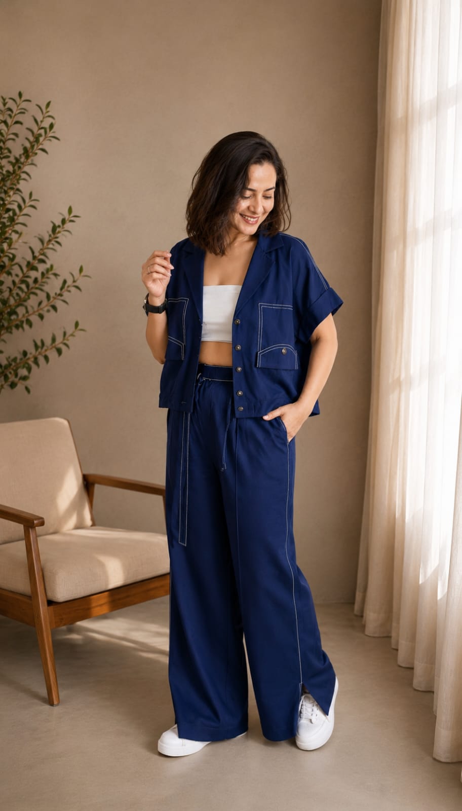 Women Navy Linen Co-ord Set