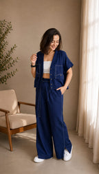 Women Navy Linen Co-ord Set