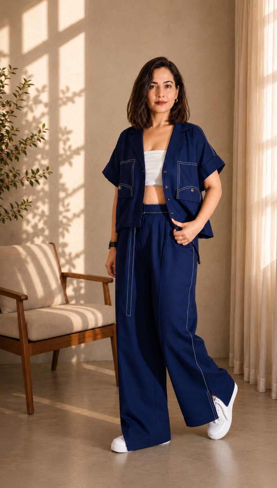 Women Navy Linen Co-ord Set