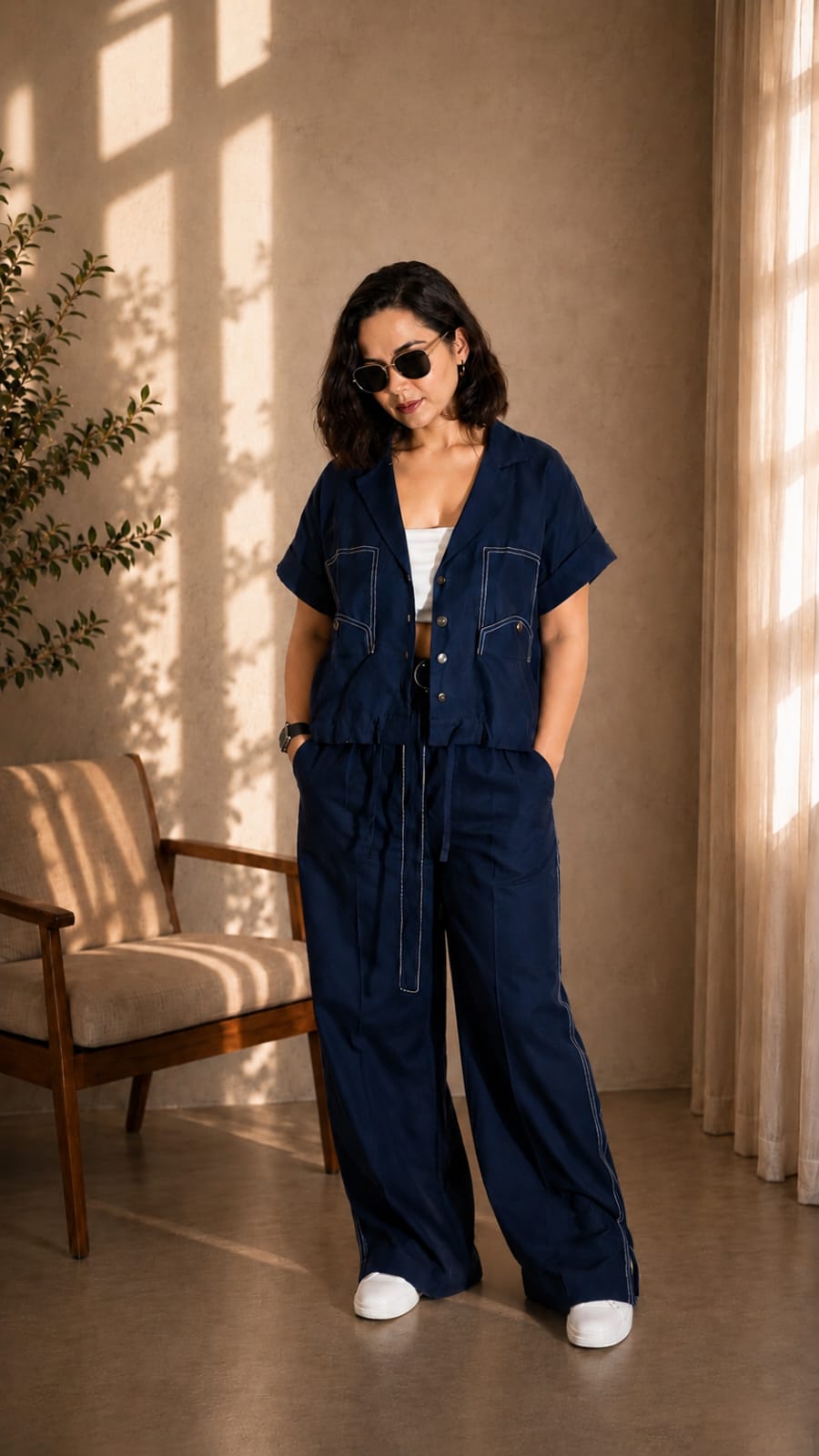 Women Navy Linen Co-ord Set