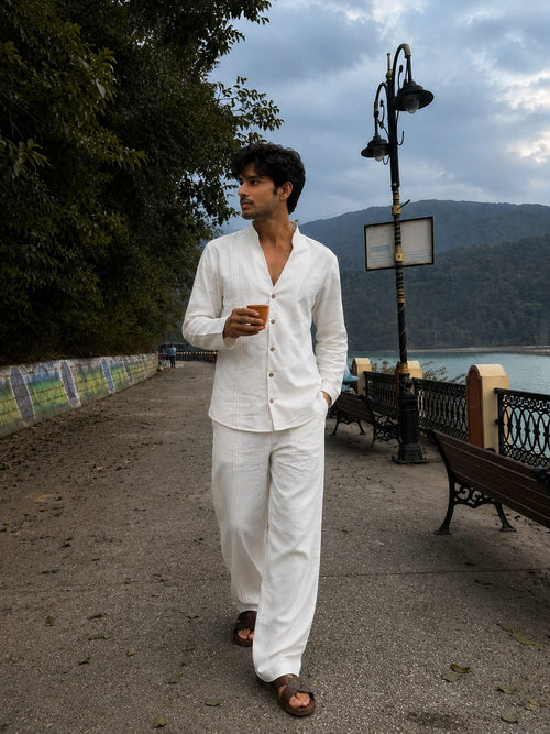 Off white linen coord set with stripe detailing