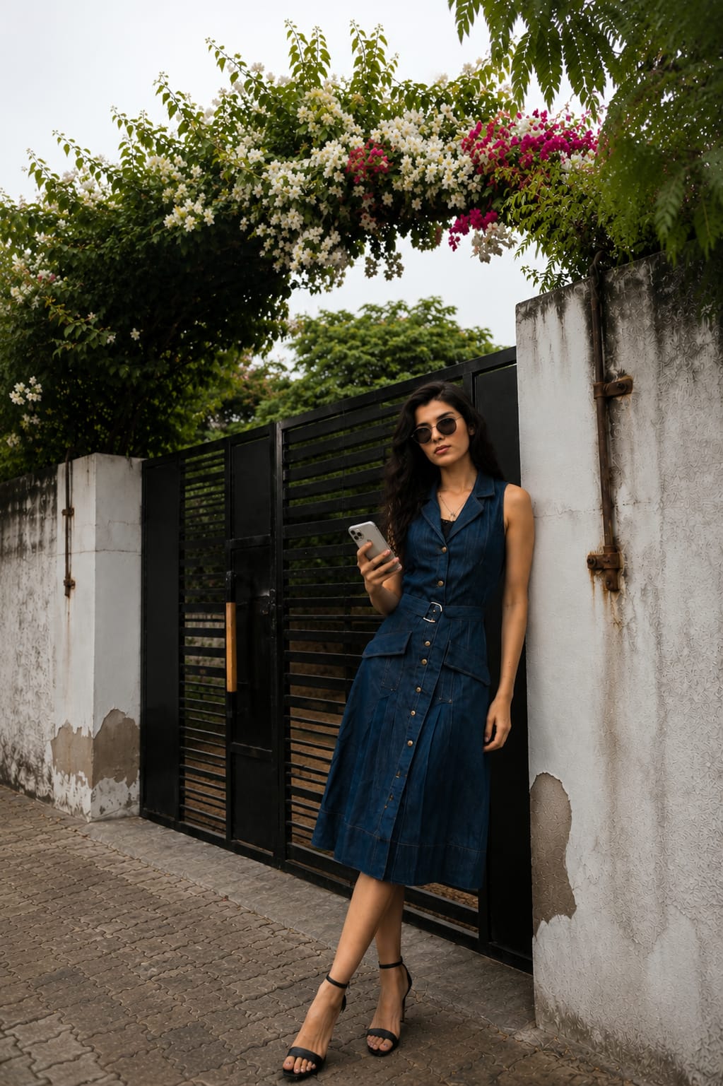 Midnight Blue Denim Belted Midi Dress