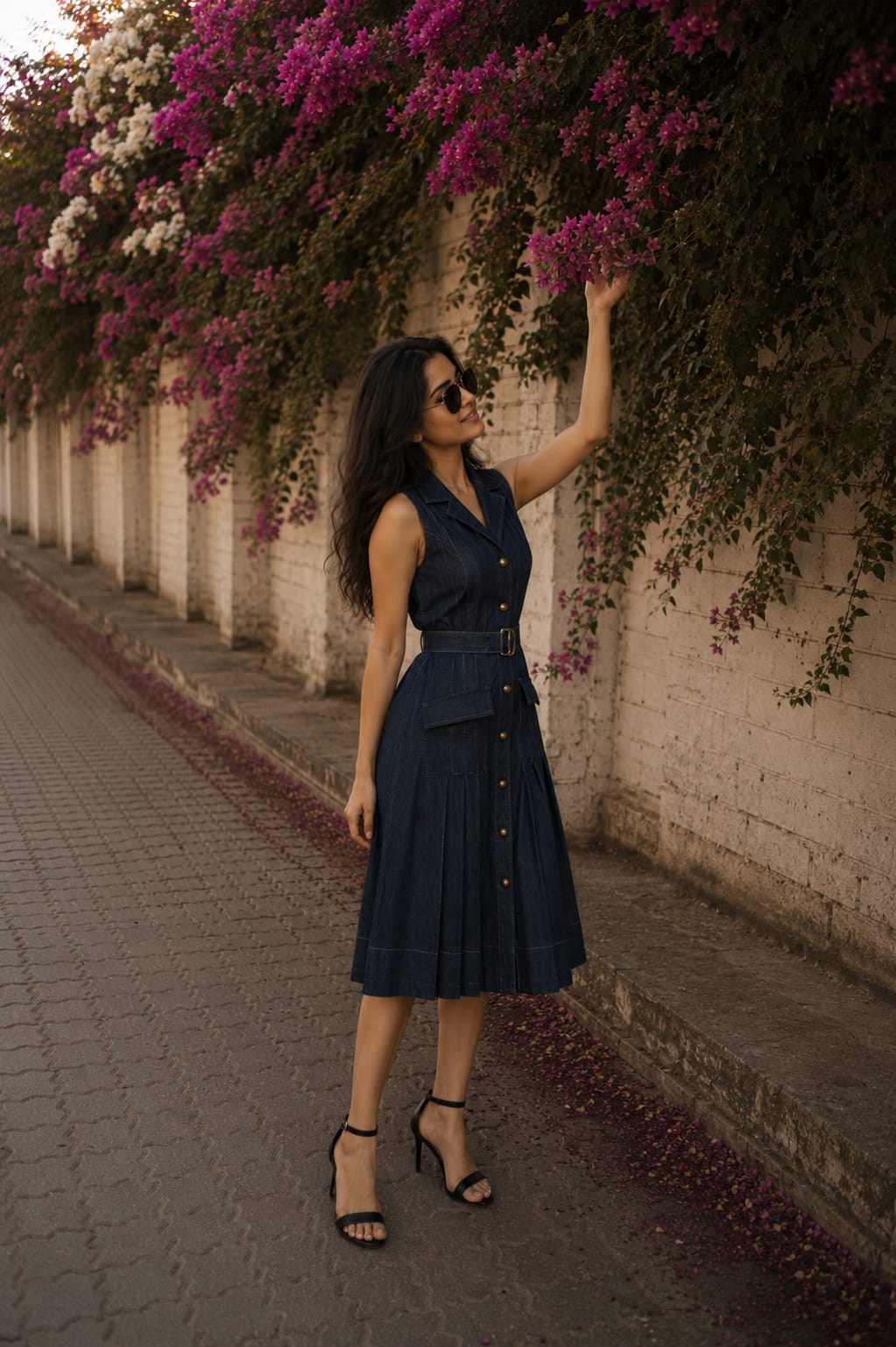 Midnight Blue Denim Belted Midi Dress