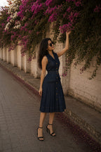 Midnight Blue Denim Belted Midi Dress