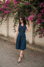 Midnight Blue Denim Belted Midi Dress