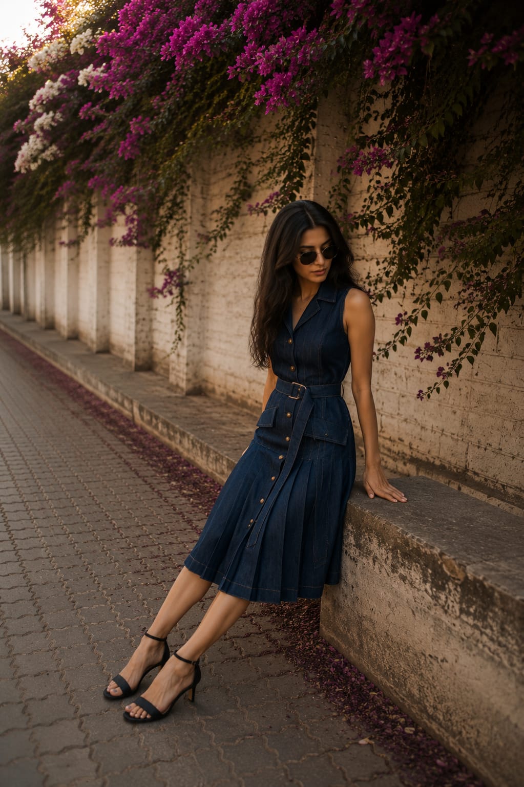 Midnight Blue Denim Belted Midi Dress