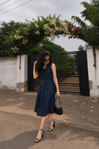Midnight Blue Denim Belted Midi Dress