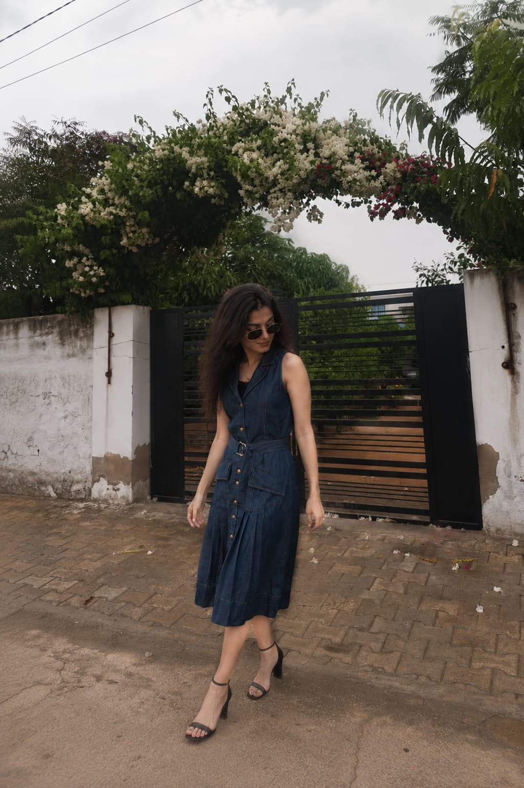 Midnight Blue Denim Belted Midi Dress
