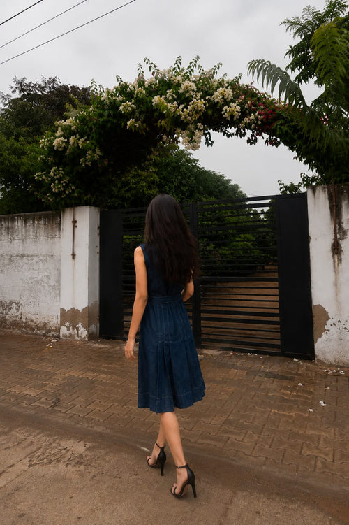 Midnight Blue Denim Belted Midi Dress