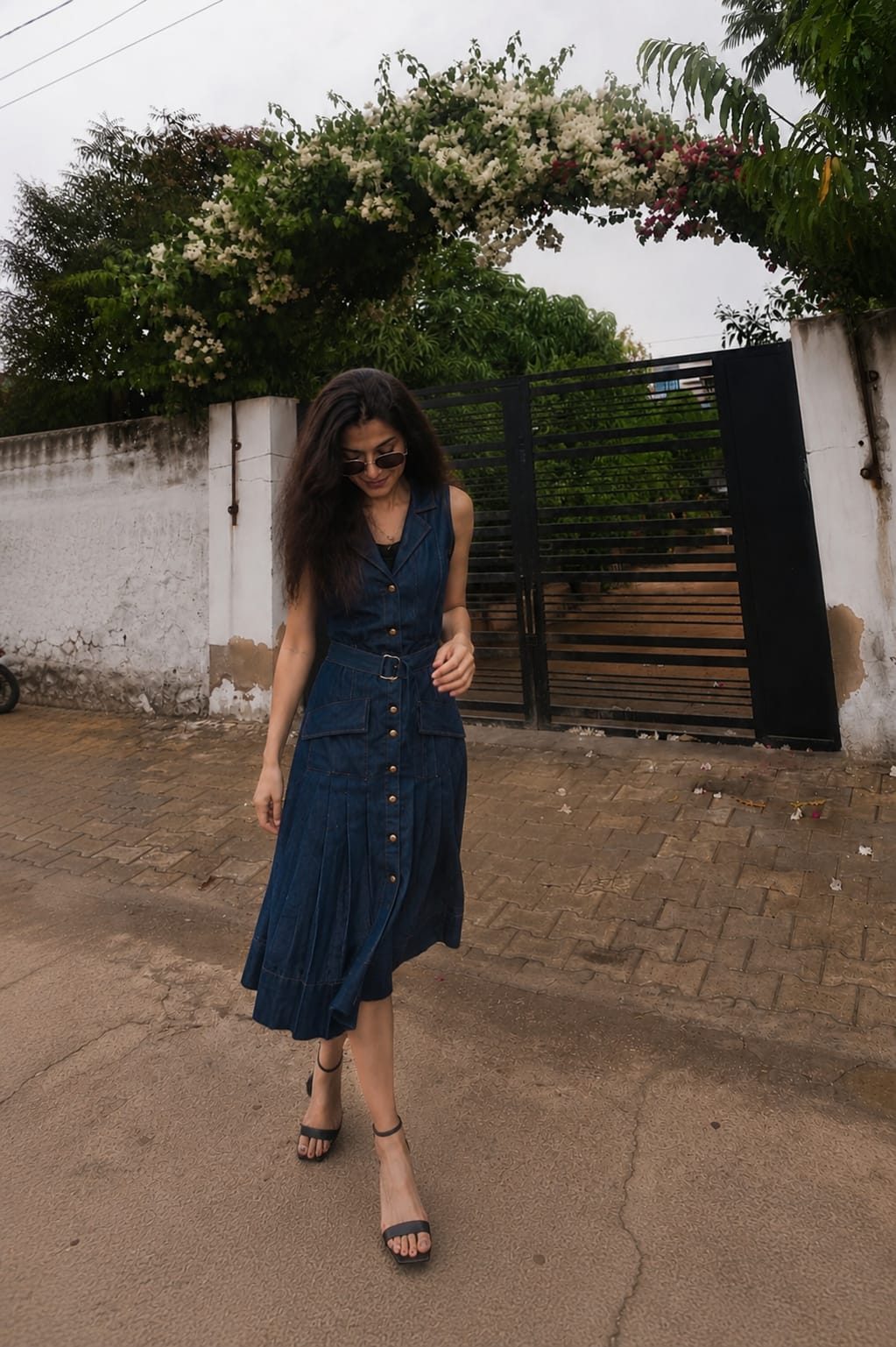 Midnight Blue Denim Belted Midi Dress