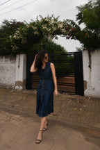 Midnight Blue Denim Belted Midi Dress