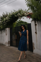 Midnight Blue Denim Belted Midi Dress