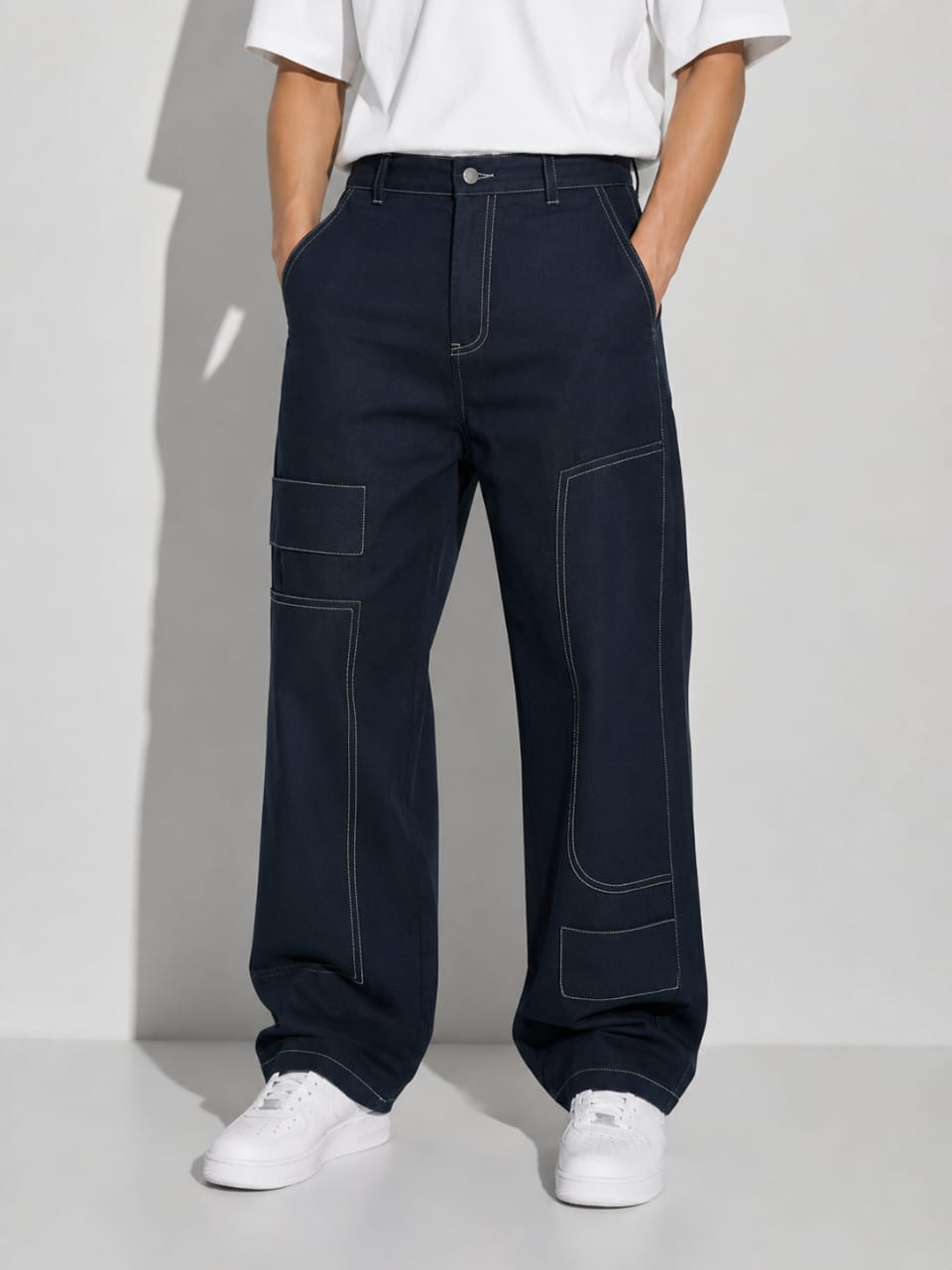 MEN'S LINEN NAVY BLUE CONTRAST STITCH UTILITY COORD SET