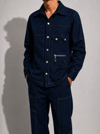 MEN'S LINEN NAVY BLUE CONTRAST STITCH UTILITY COORD SET