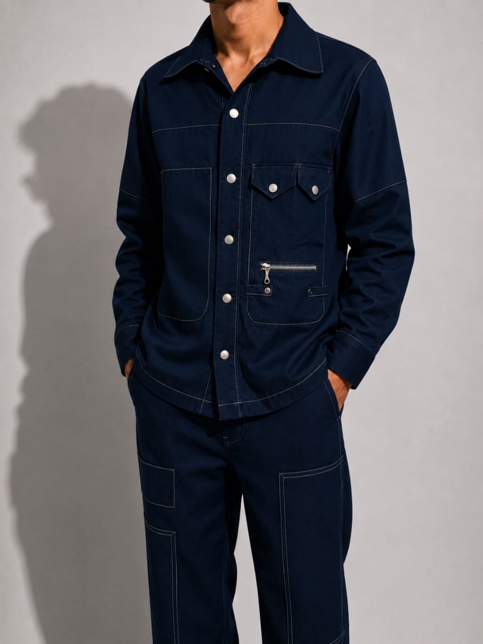 MEN'S LINEN NAVY BLUE CONTRAST STITCH UTILITY COORD SET