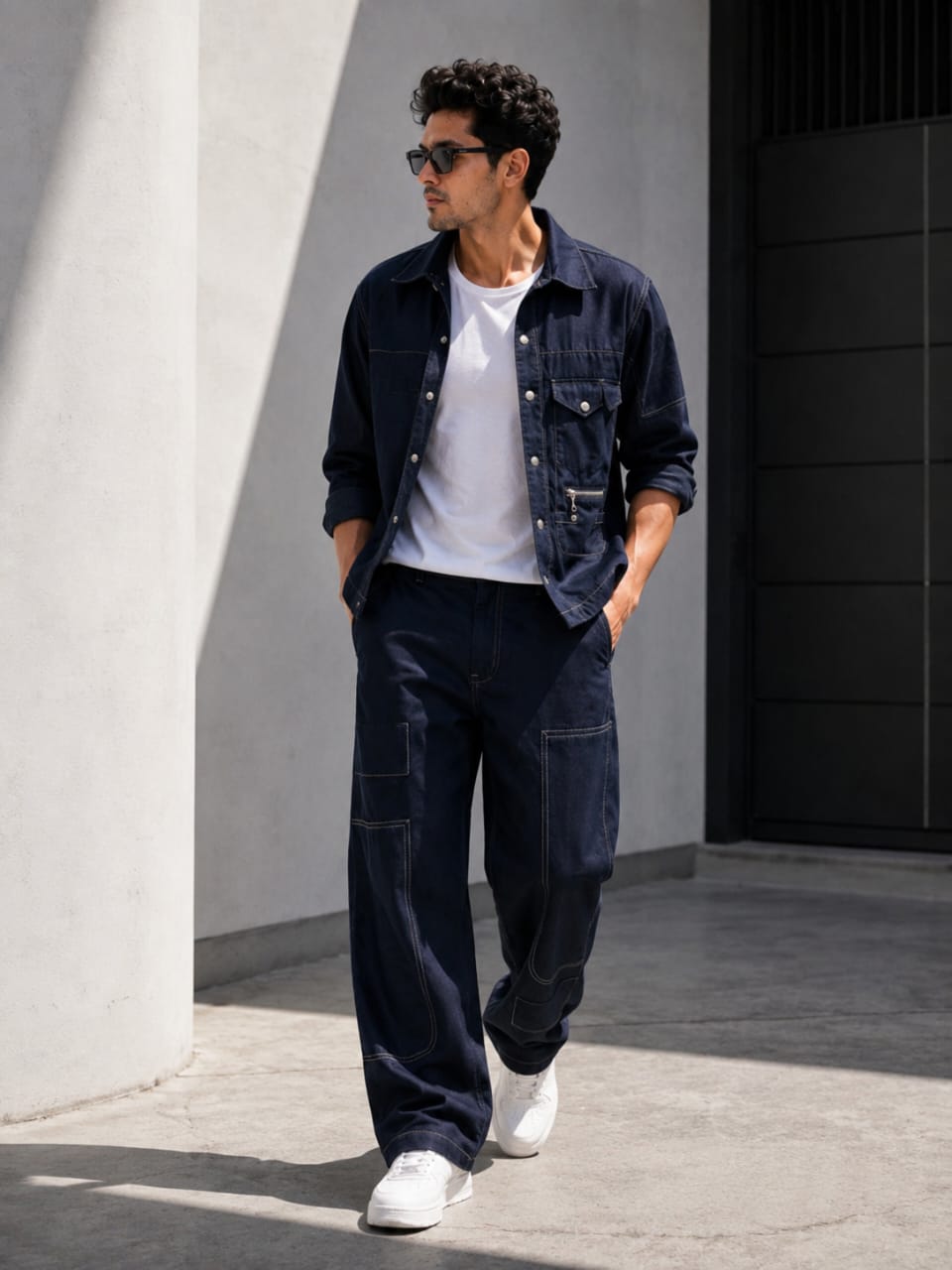 MEN'S LINEN NAVY BLUE CONTRAST STITCH UTILITY COORD SET