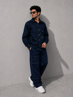 MEN'S LINEN NAVY BLUE CONTRAST STITCH UTILITY COORD SET