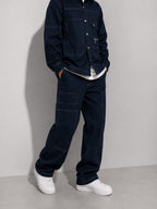MEN'S LINEN NAVY BLUE CONTRAST STITCH UTILITY COORD SET