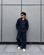 MEN'S LINEN NAVY BLUE CONTRAST STITCH UTILITY COORD SET