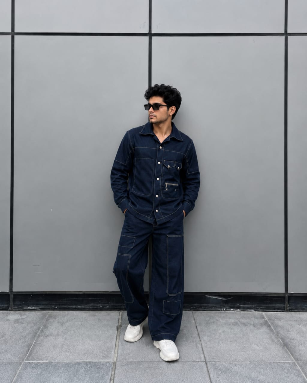 MEN'S LINEN NAVY BLUE CONTRAST STITCH UTILITY COORD SET
