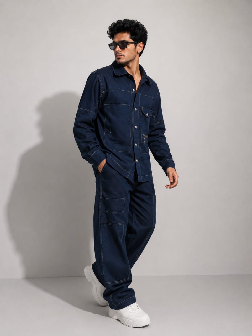 MEN'S LINEN NAVY BLUE CONTRAST STITCH UTILITY COORD SET