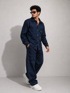 MEN'S LINEN NAVY BLUE CONTRAST STITCH UTILITY COORD SET