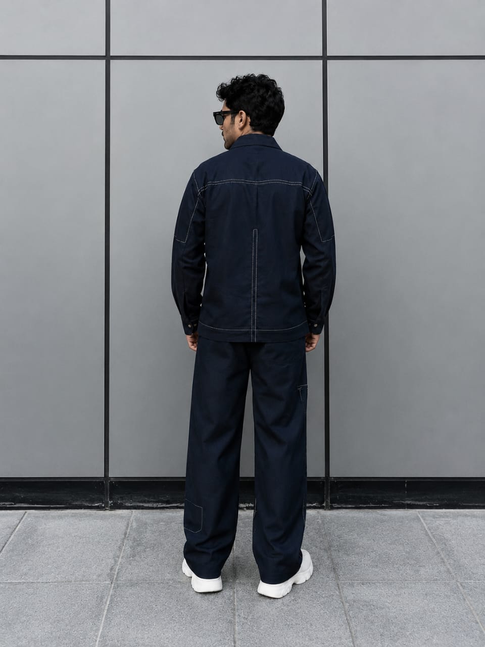 MEN'S LINEN NAVY BLUE CONTRAST STITCH UTILITY COORD SET