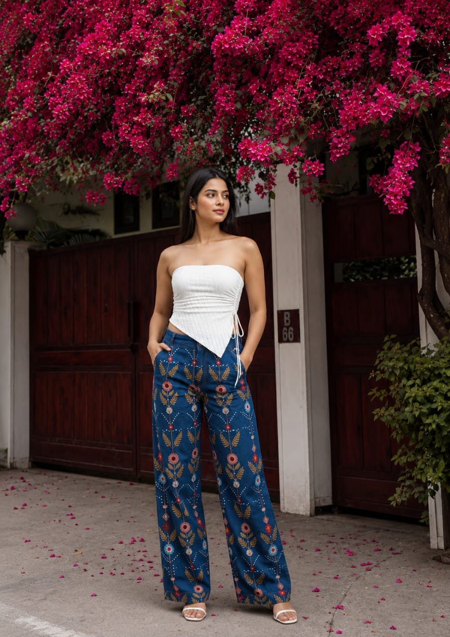 Women floral high-waist jeans