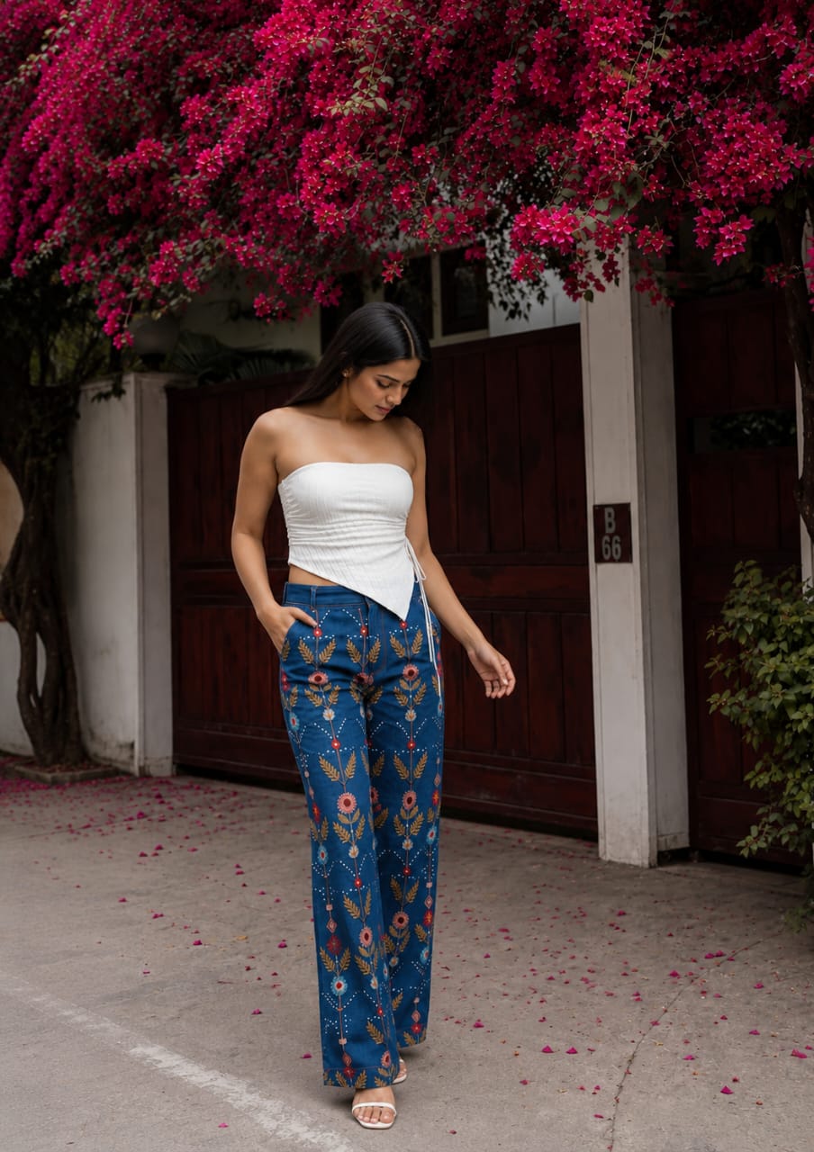 Women floral high-waist jeans