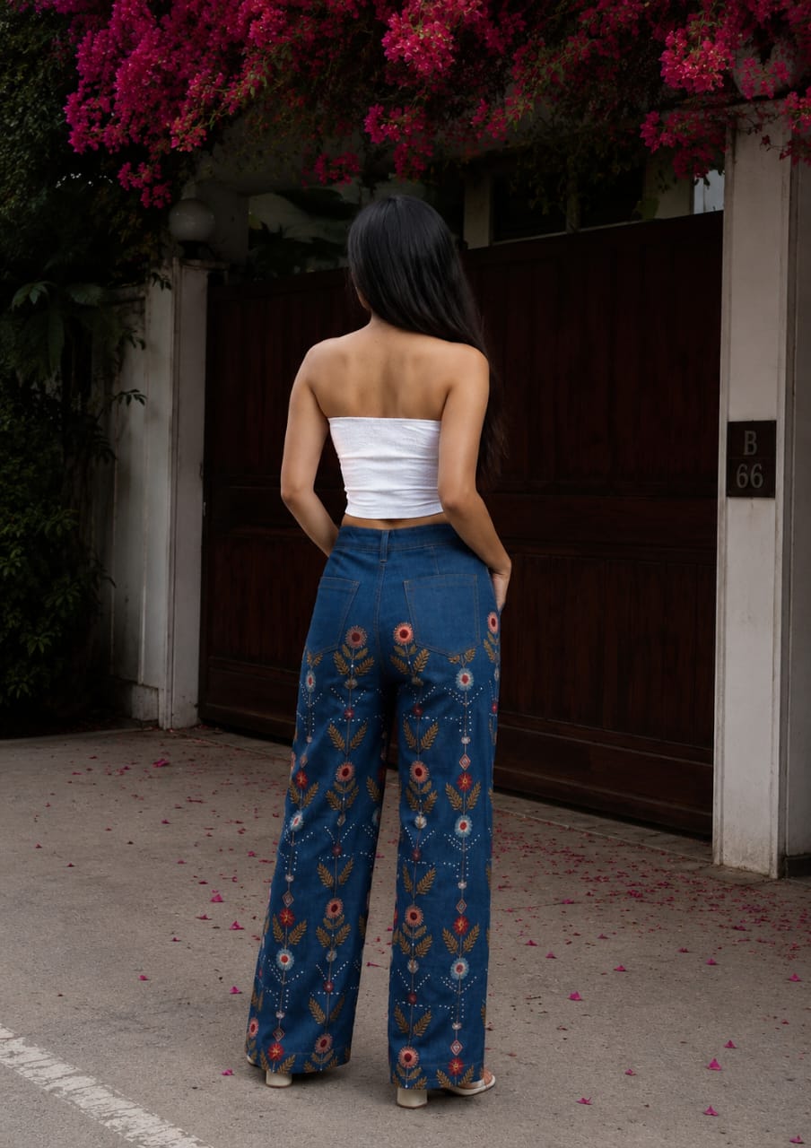 Women floral high-waist jeans