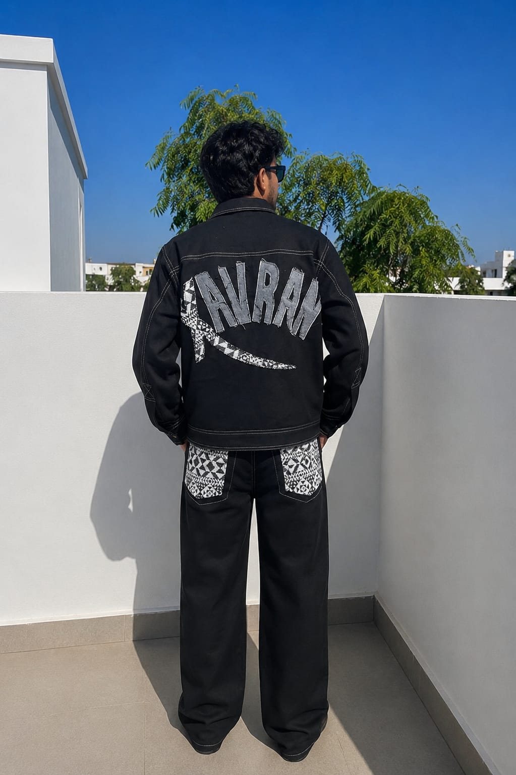 MEN'S BLACK DENIM CO-ORD SET WITH GEOMETRIC PANEL DETAILING