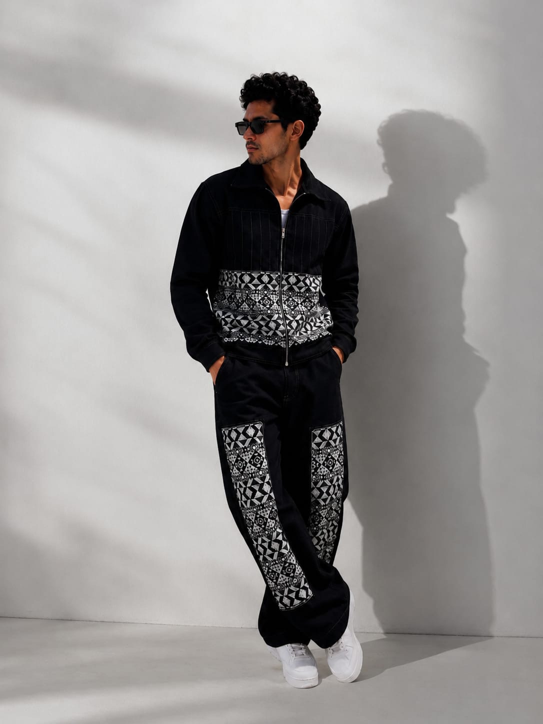 MEN'S BLACK DENIM CO-ORD SET WITH GEOMETRIC PANEL DETAILING